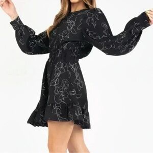 KITTENISH Floral Long Sleeve Dress Black White XS